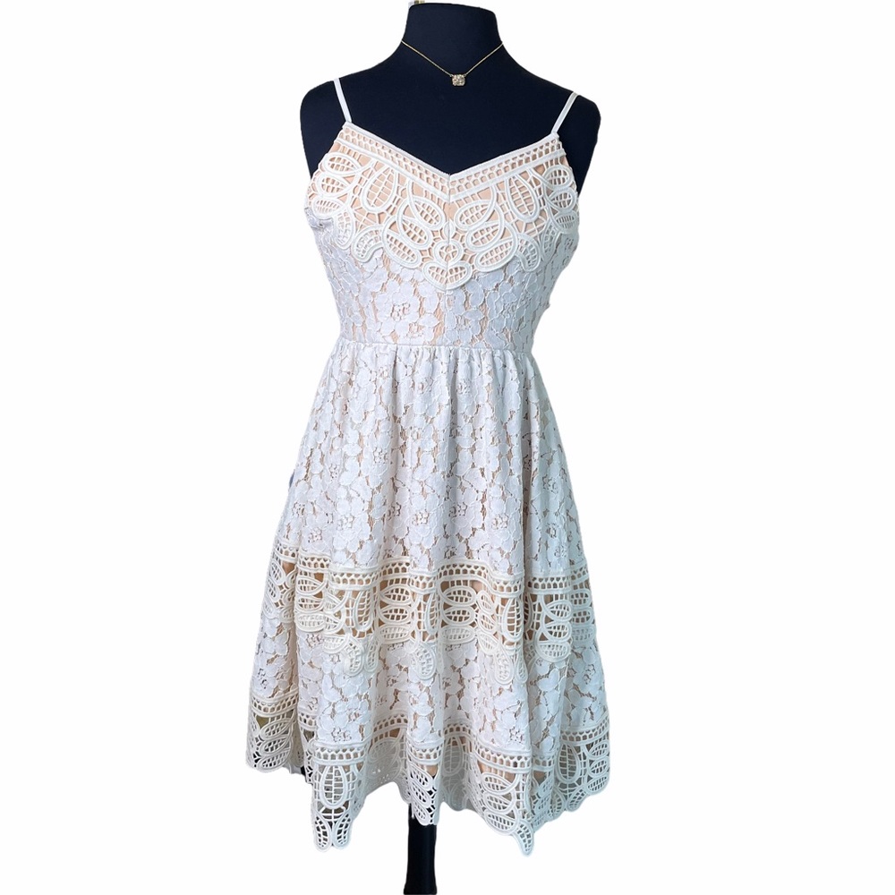Champagne and Strawberry Beige Cream Crochet Overlay Midi Dress